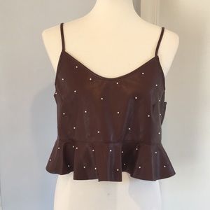 DO + BE Leather Burgundy Crop Top With Pearls